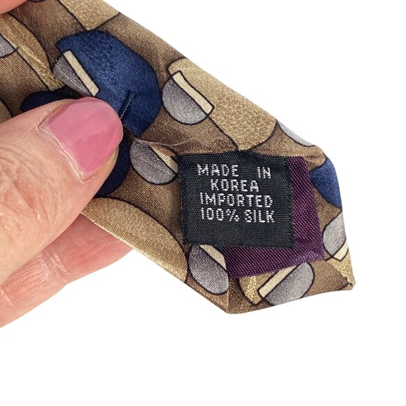 Van Heusen Mens 100% Silk Half-Circle Geometric Pattern Tie Blue Gold 59x3.9in - Picture 5 of 7